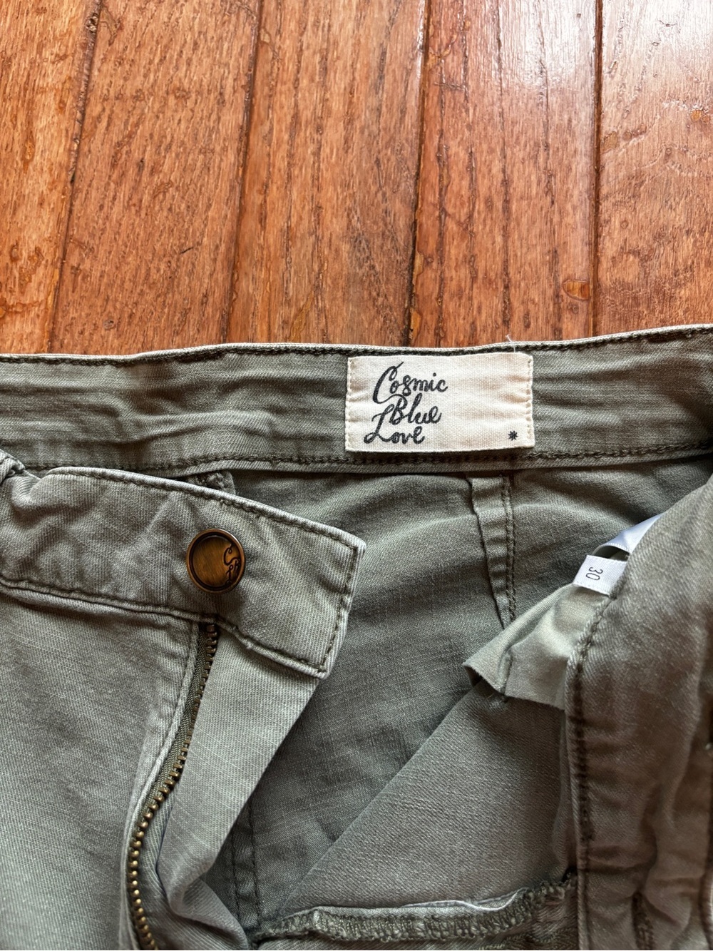 Womens Cosmic Blue Love olive green pants-30 - Picture 6 of 8
